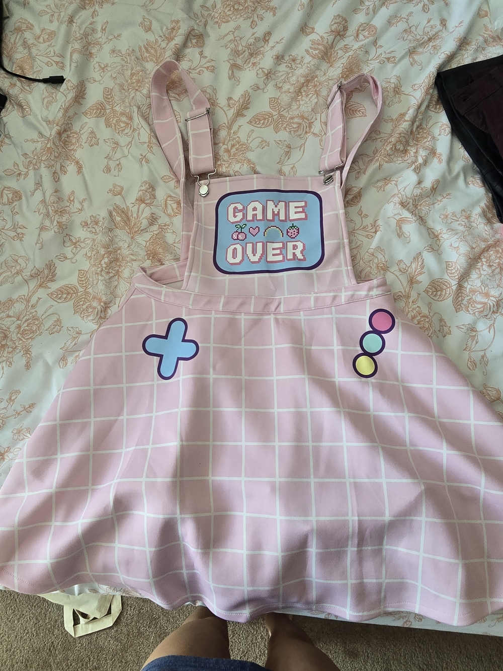 Pink Grid 'Game Over' Playful Overall Dress